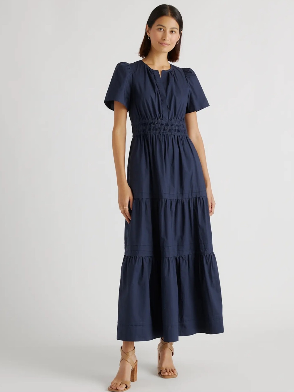 Quince 100% Organic Cotton Poplin Tiered Maxi Dress in Navy Size Large